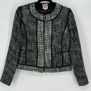 Anne Klein black white green tweed jacket with silver metallic thread‎